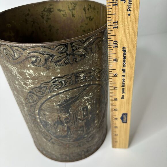 Vtg Metal Trash Can Ye Old Inn Scene Waste Bin Rustic Primitive Patina Tavern - Picture 9 of 16